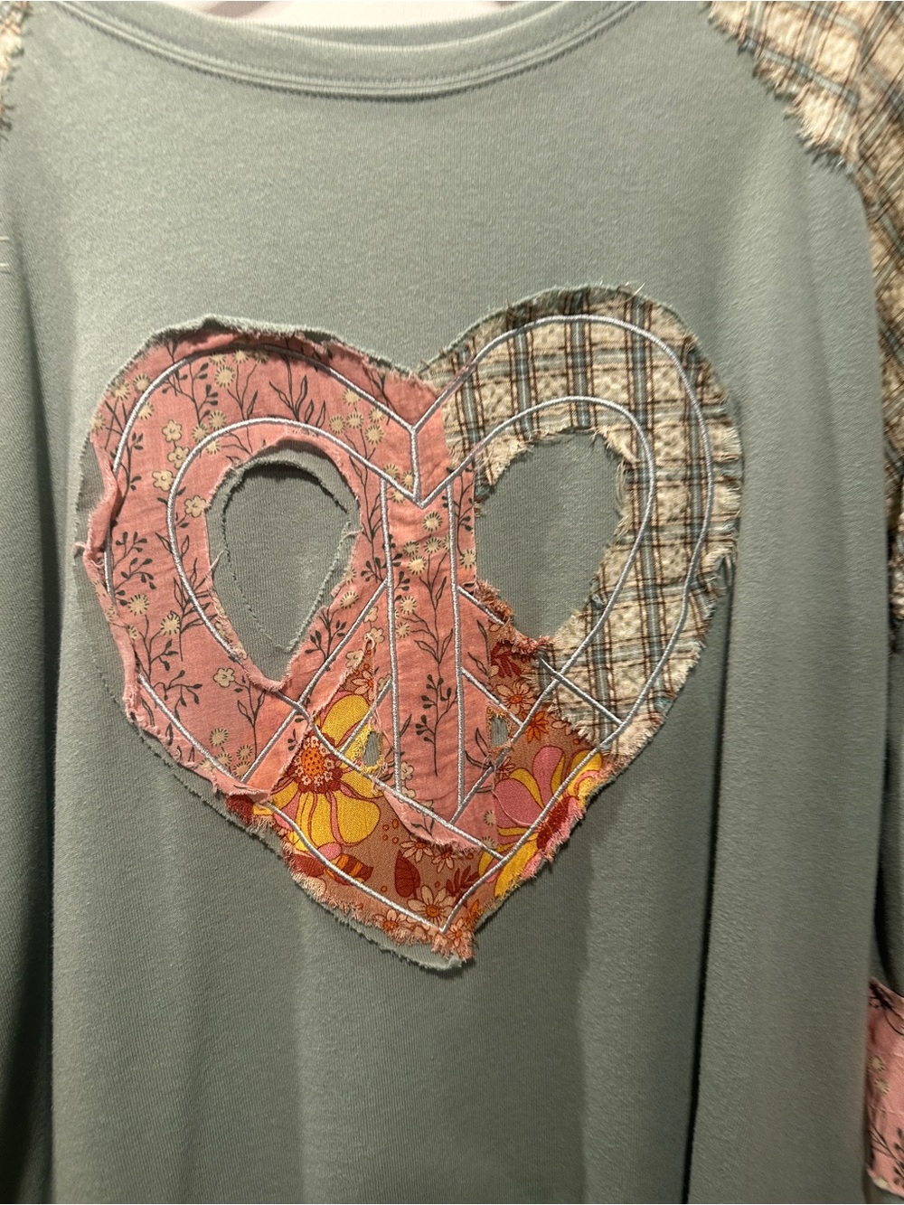 easel Sage Green Patchwork Heart Pullover with Pink Accents - Large (oversized) - Picture 3 of 9
